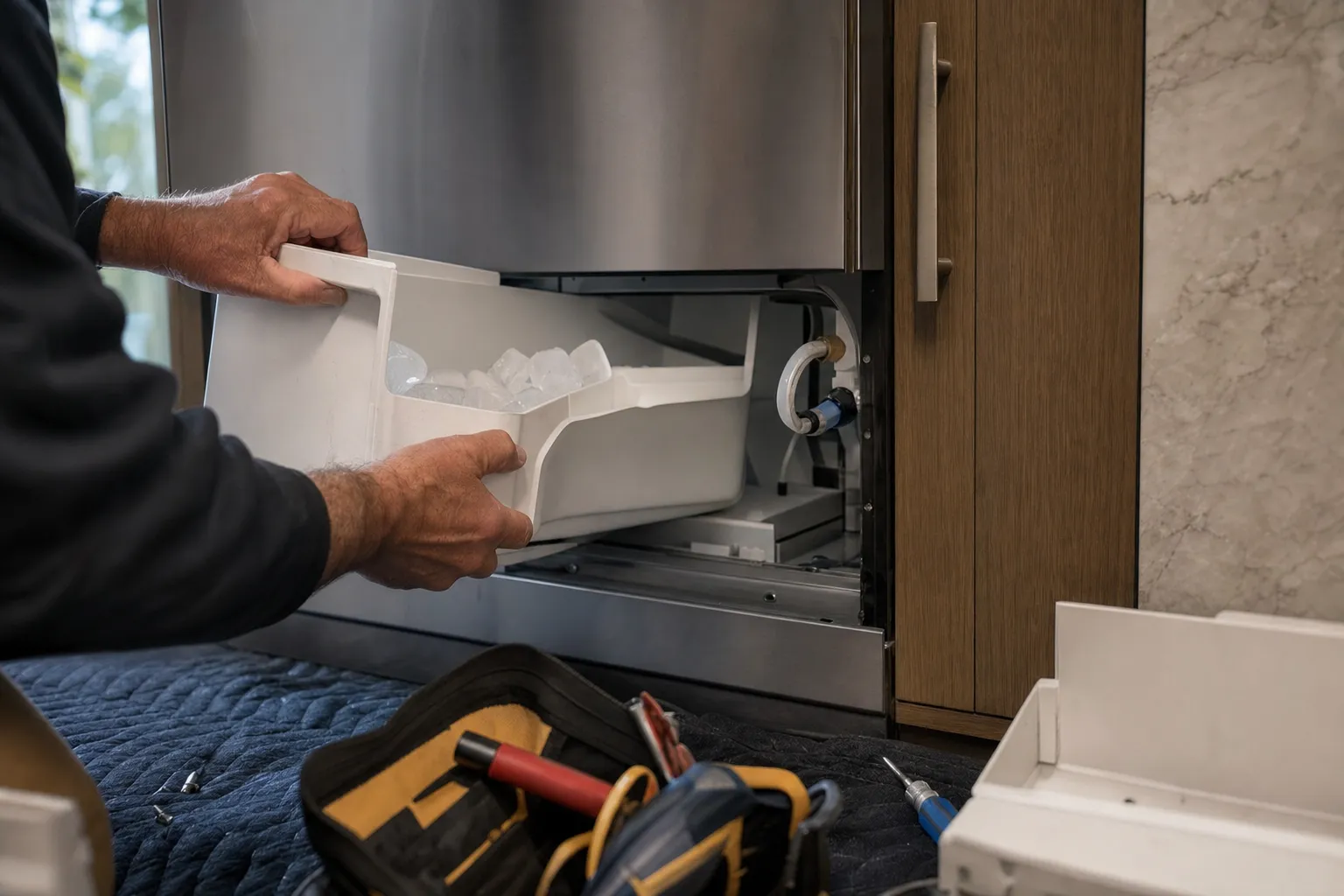 Ice storage bin half full of cubes lifted out from under a refrigerator to reach the ice maker behind it