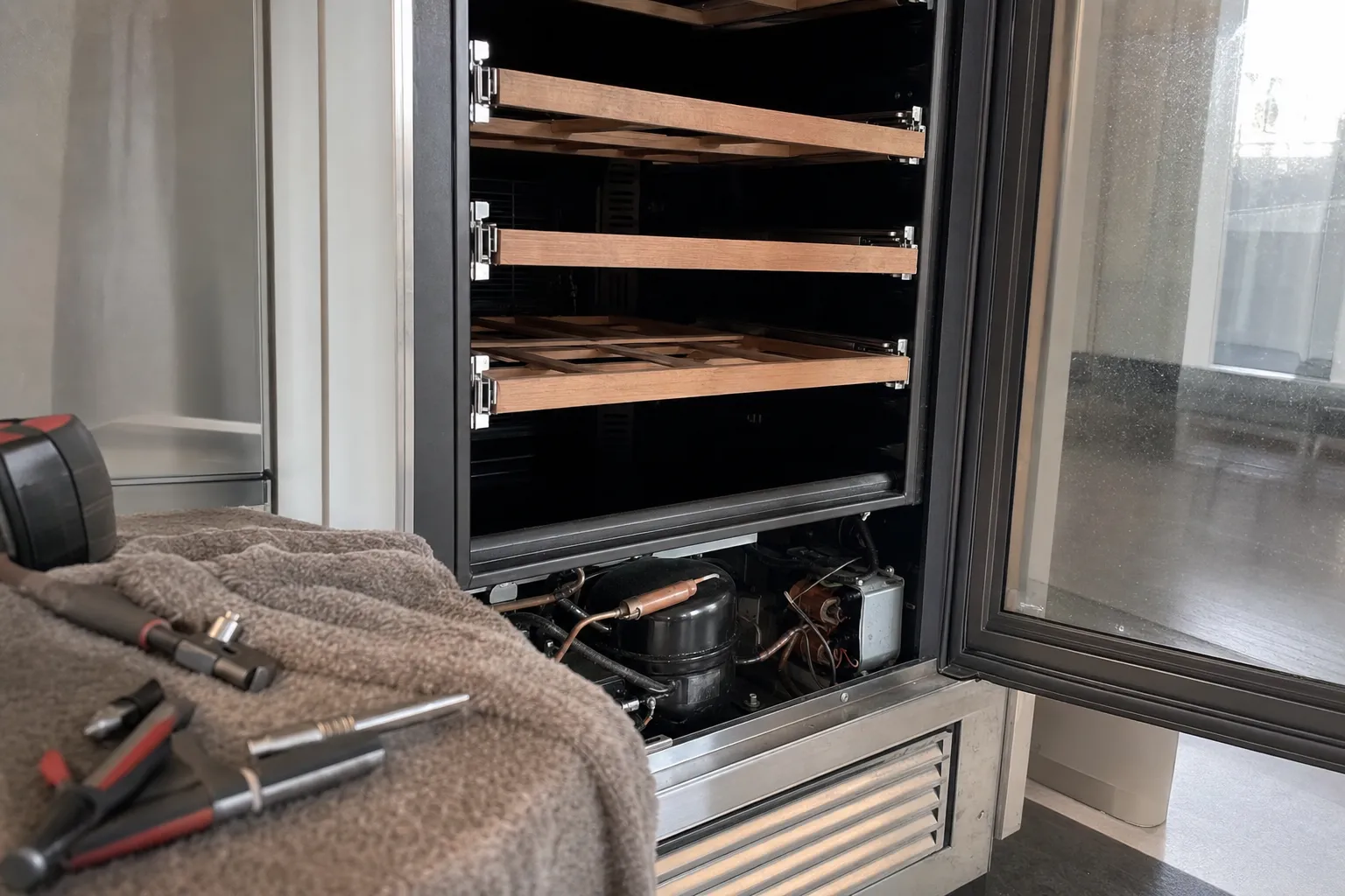 Undercounter wine cabinet with wooden shelves, lower grille removed to expose the compressor
