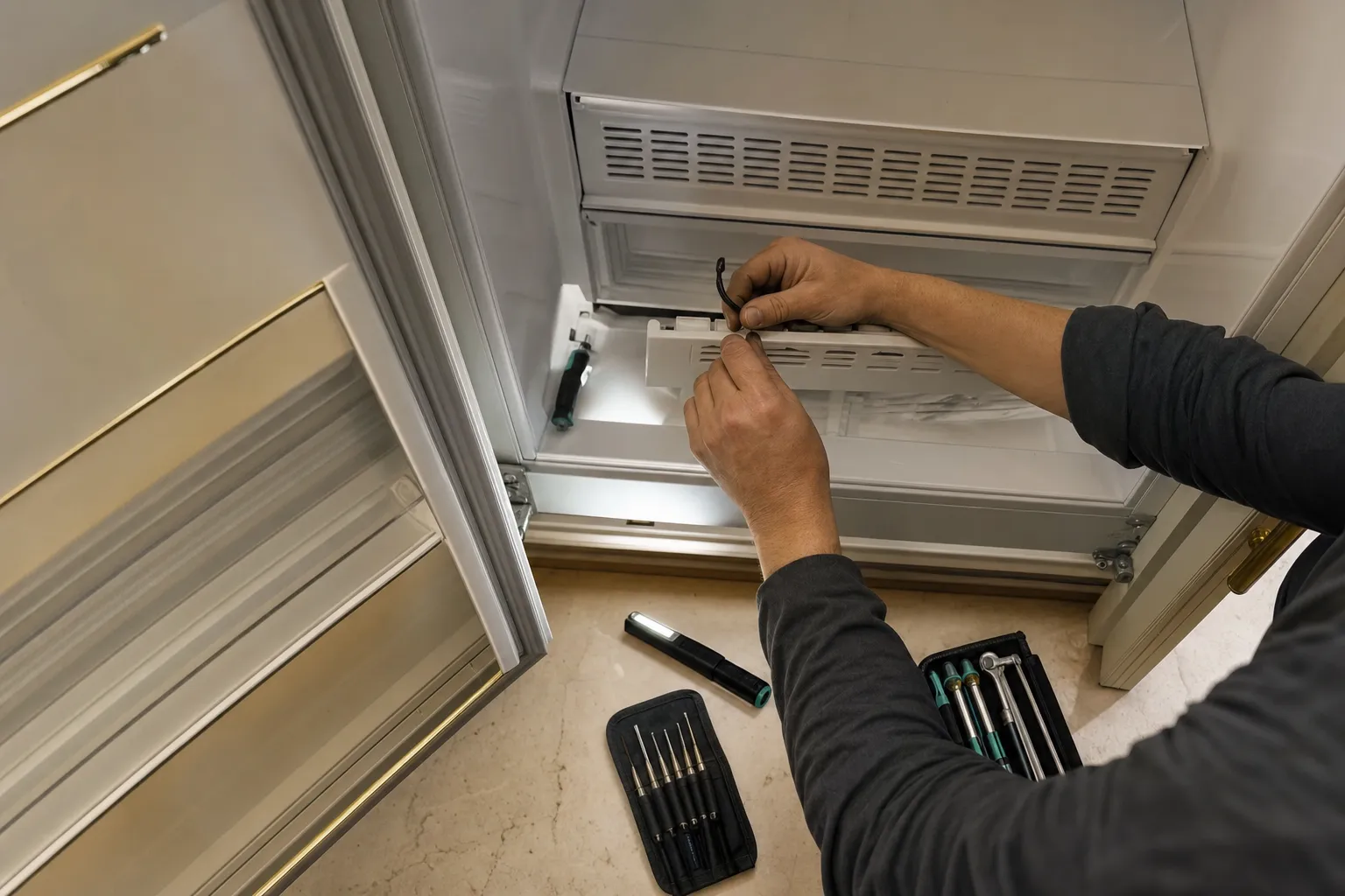 Hands refitting a vent panel inside an empty freezer compartment, screwdriver rolls open on the floor
