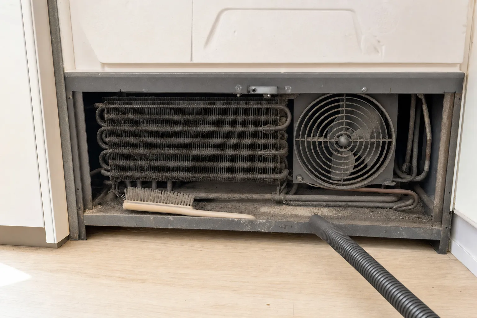 Dust-clogged condenser coil and fan behind a refrigerator's lower grille, with a brush and vacuum hose