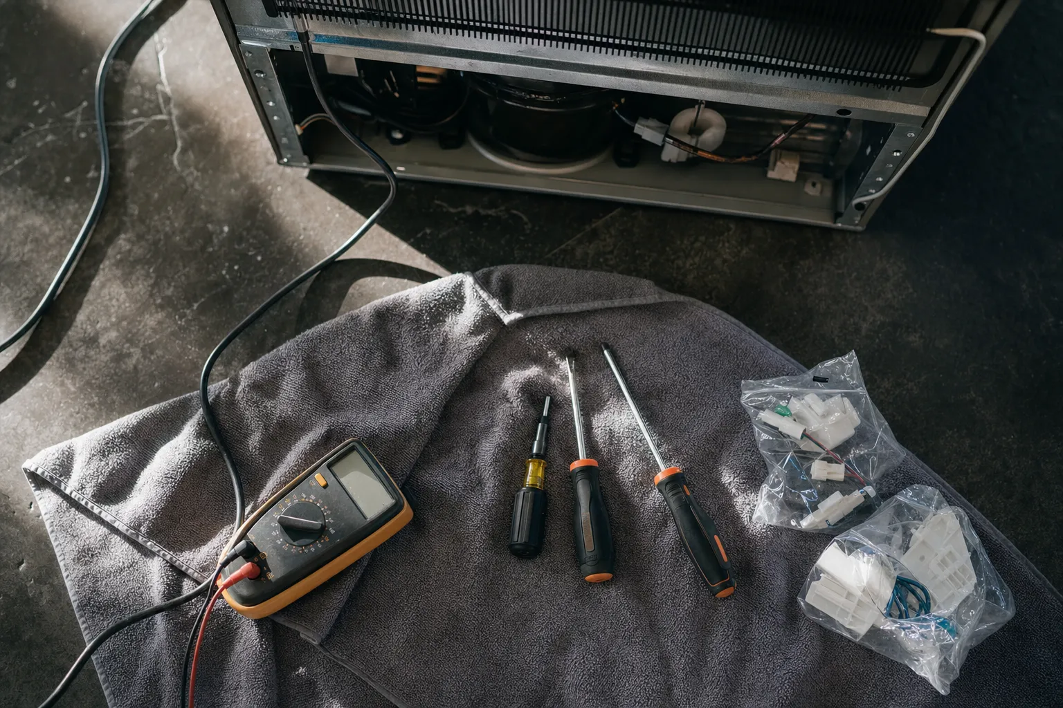 Multimeter, three screwdrivers and two bags of white plastic fittings on a towel, an opened machine compartment behind